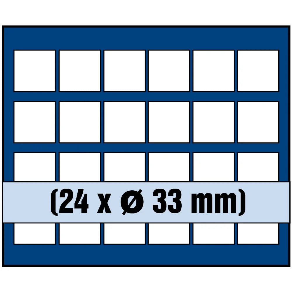 Grid illustration of Nova coin tray with white squares representing the compartments and written dimensions 24 x Ø 33mm on a white background 