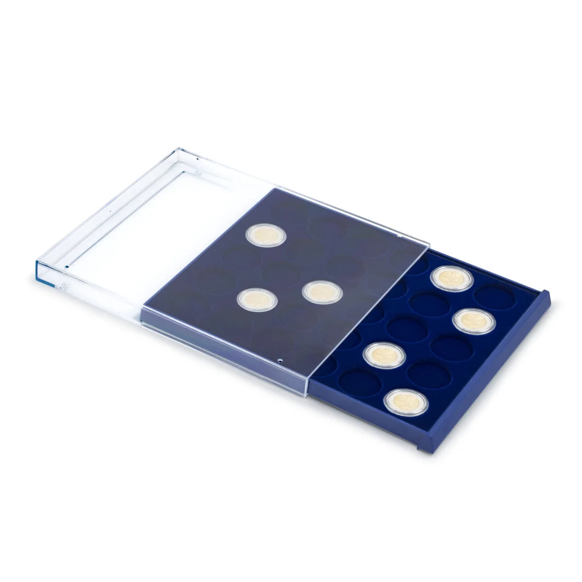 Open acrylic stackable drawer unit with a blue velvet tray and circular compartments for coins on a white background