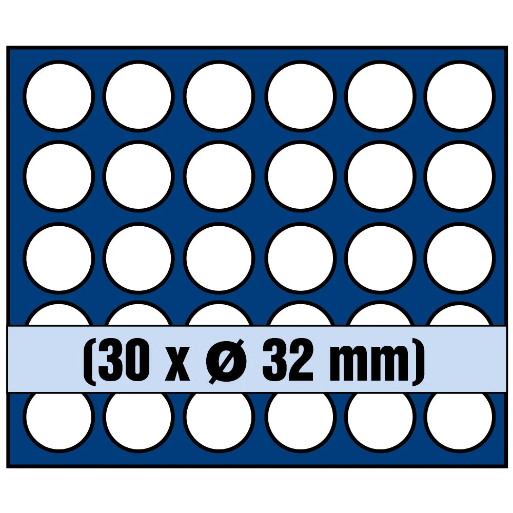 Grid illustration of Nova coin tray with white circles representing the compartments and written dimensions 30 x Ø 32mm on a white background 