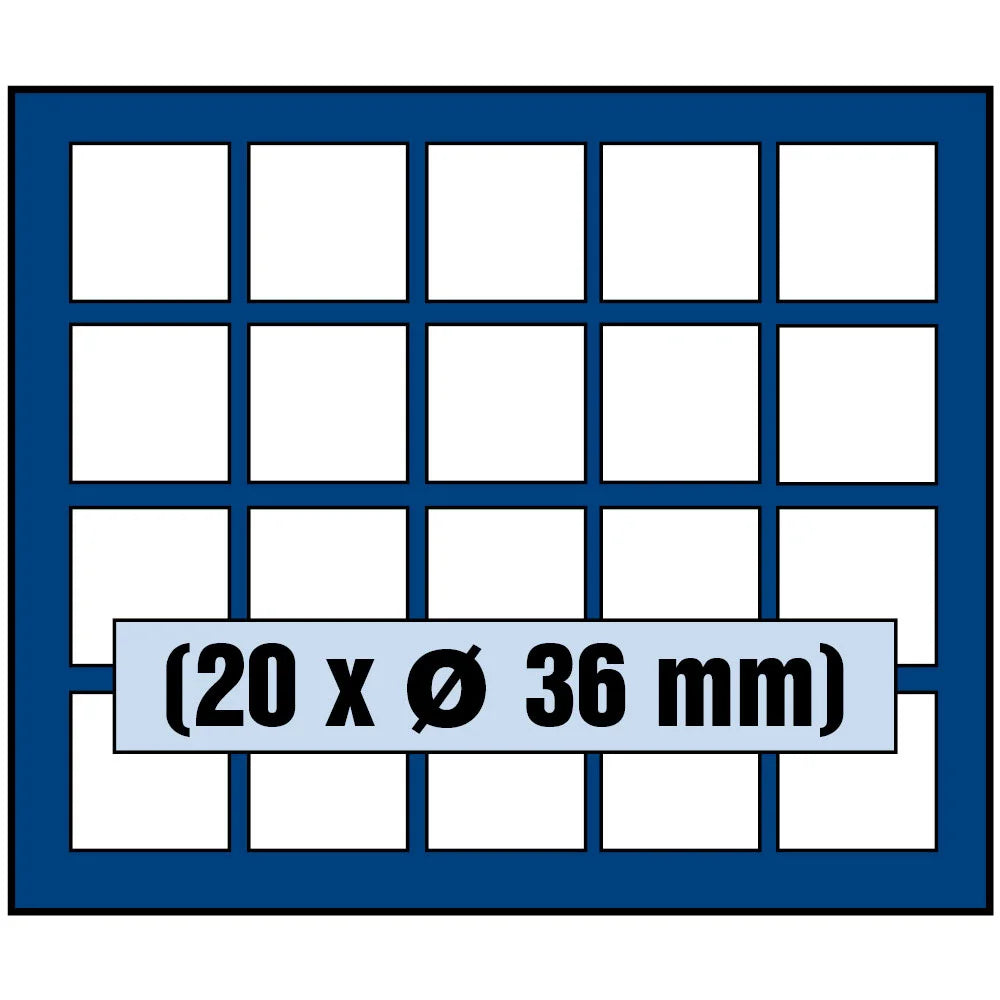 Grid illustration of Nova coin tray with white squares representing the compartments and written dimensions 20 x Ø 36mm on a white background 