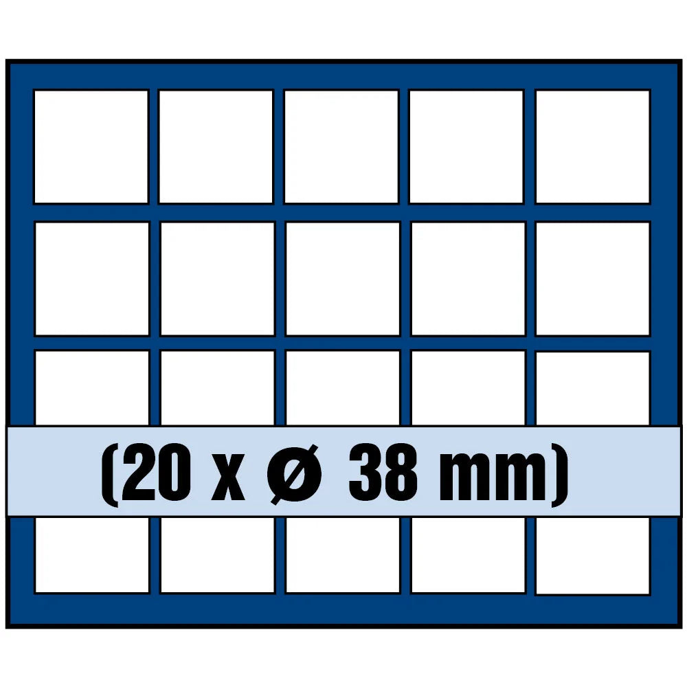 Grid illustration of Nova coin tray with white squares representing the compartments and written dimensions 20 x Ø 38mm on a white background 