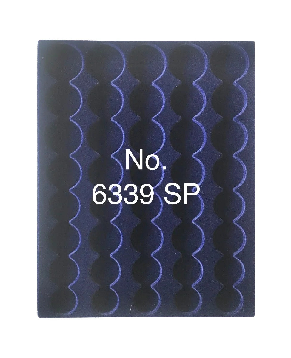 Overhead shot of a blue velvet tray and circular compartments for euro coin sets and the product SKU written on a white background