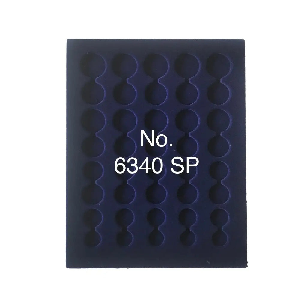 Overhead shot of a blue velvet tray and circular compartments for euro coin sets and the product SKU written on a white background