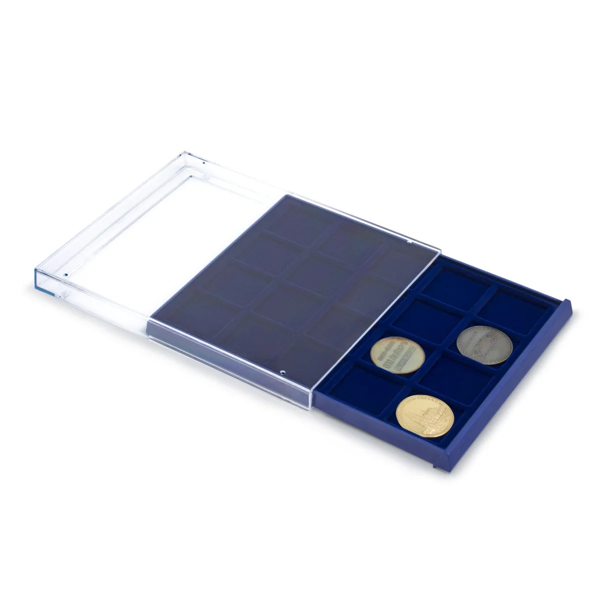 Open acrylic stackable drawer unit with a blue velvet tray and square compartments holding coins on a white background