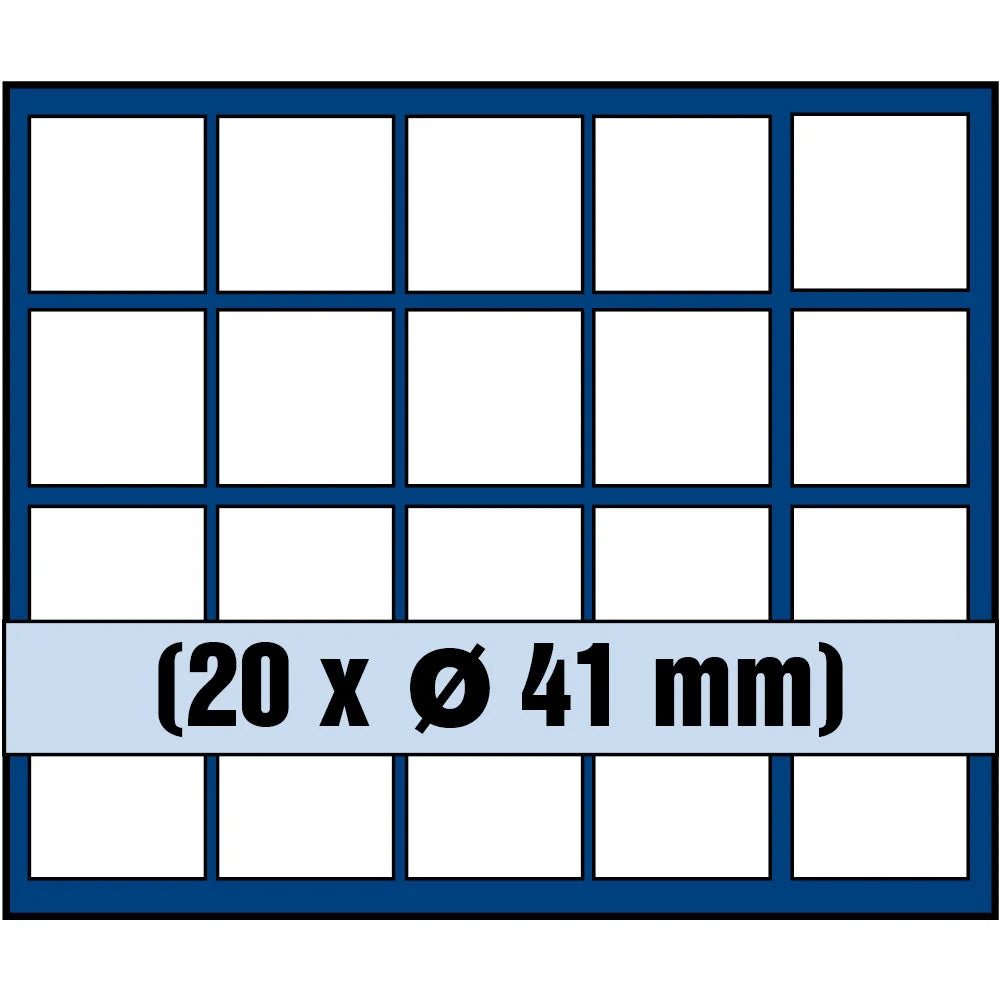Grid illustration of Nova coin tray with white squares representing the compartments and written dimensions 20 x Ø 41mm on a white background 