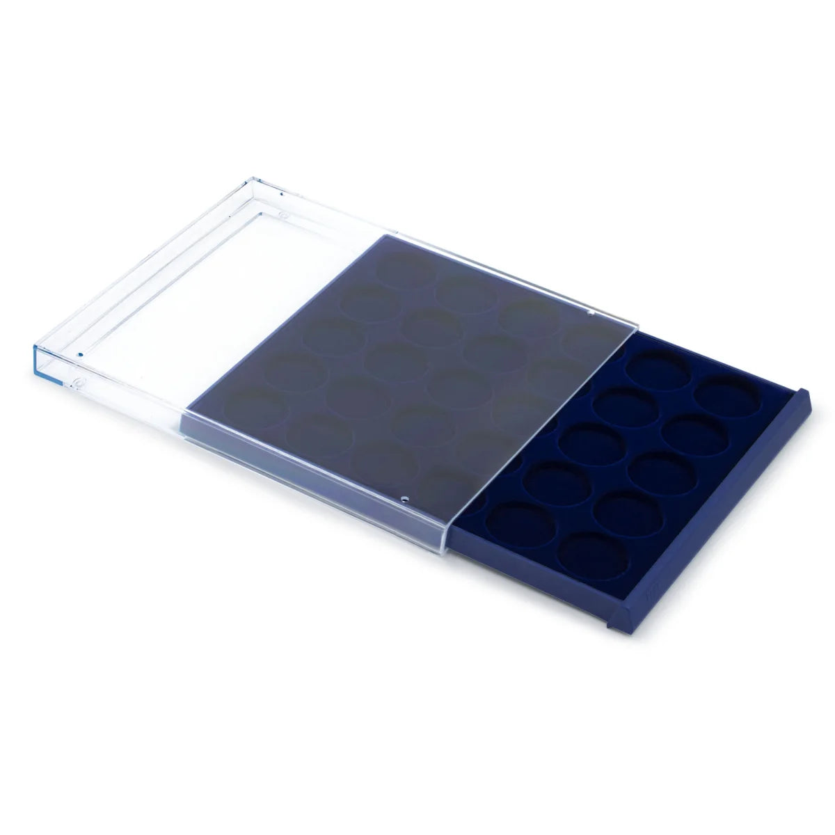 Open acrylic stackable drawer unit with a blue velvet tray and circular compartments for coins on a white background