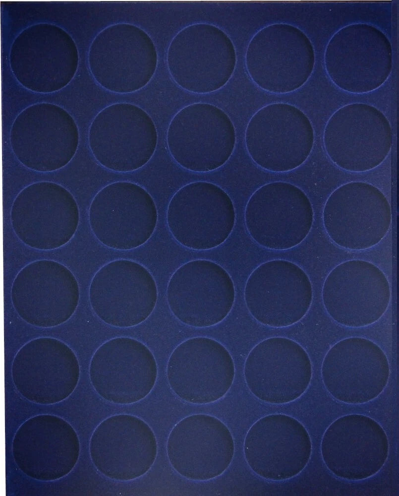 A blue velvet coin tray with 30 circular compartments