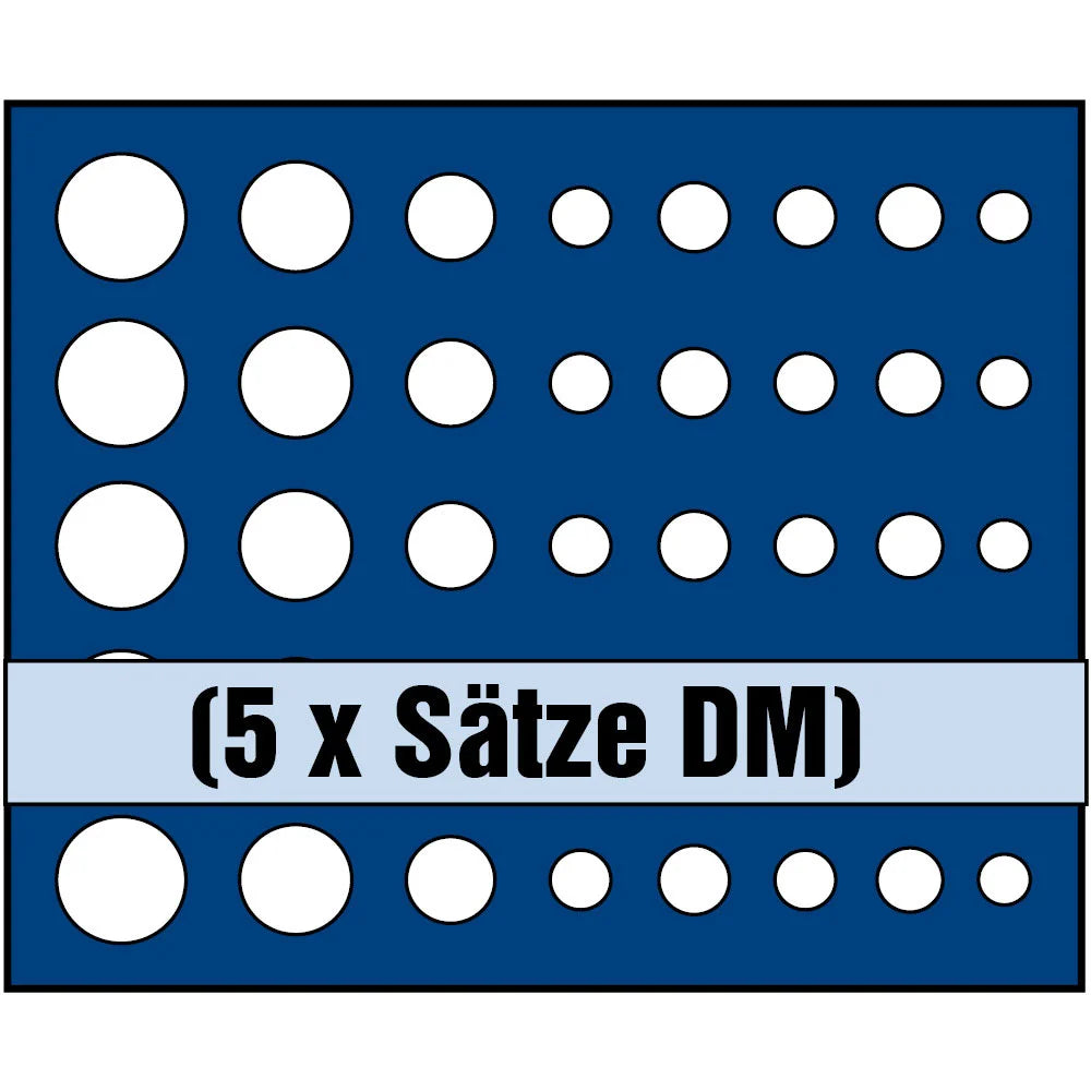 Illustration of Nova coin tray with while circles representing the compartments and the words 5 x (Satze DM) on a white background 