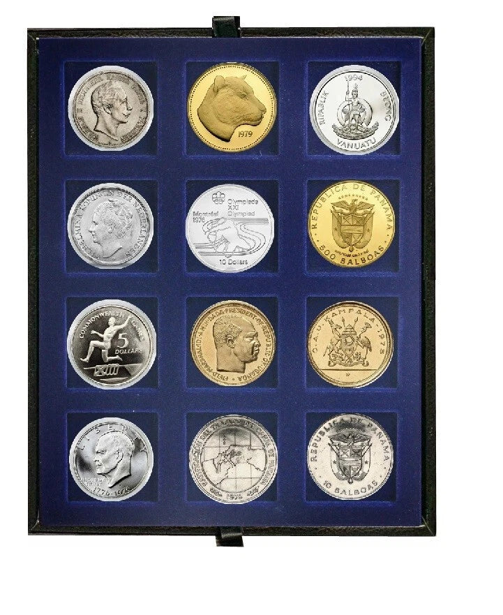 A collection of coins arranged in a deep blue velvet coin tray inside a leather tray holder, photographed against a plain white background.