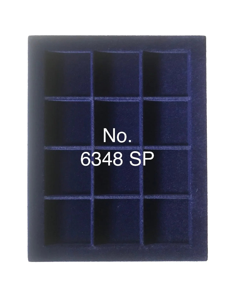 Overhead shot of a blue velvet tray and square compartments for coin collections and the product SKU written on a white background