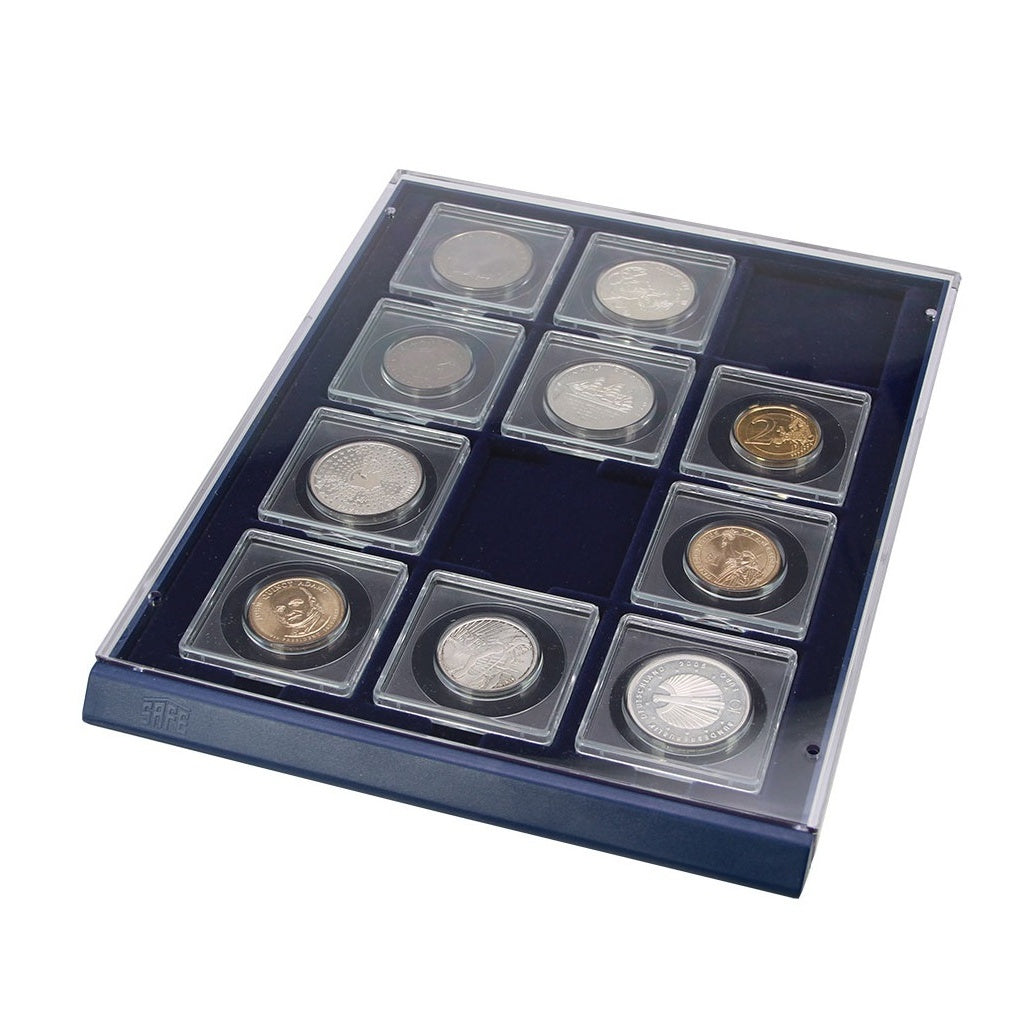 Acrylic stackable drawer unit with a blue velvet tray and square compartments holding 2x2 coin holders on a white background