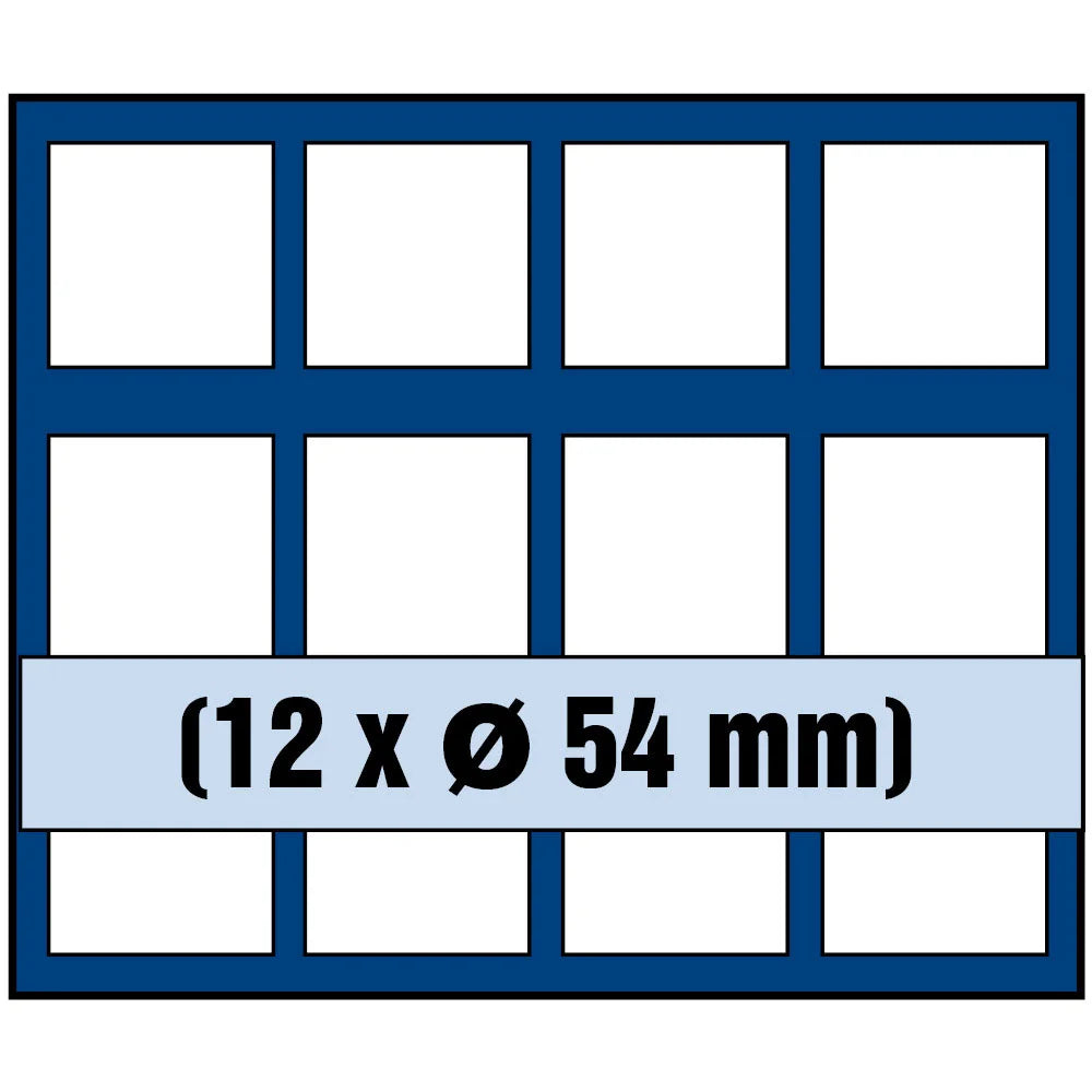 Grid illustration of Nova coin tray with white squares representing the compartments and written dimensions 12 x Ø 54mm on a white background 