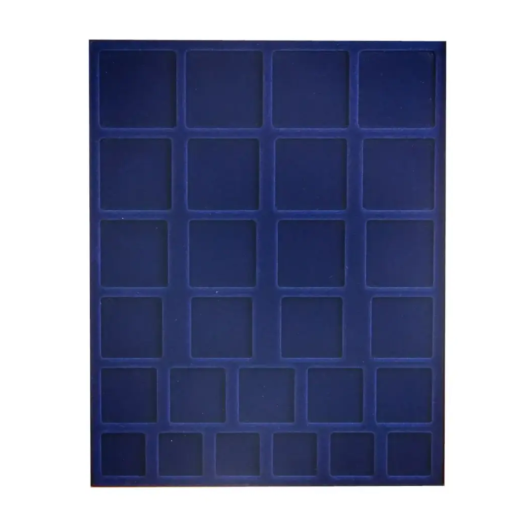 Overhead shot of a blue velvet tray and square compartments for mixed coin collections and the product SKU written on a white background
