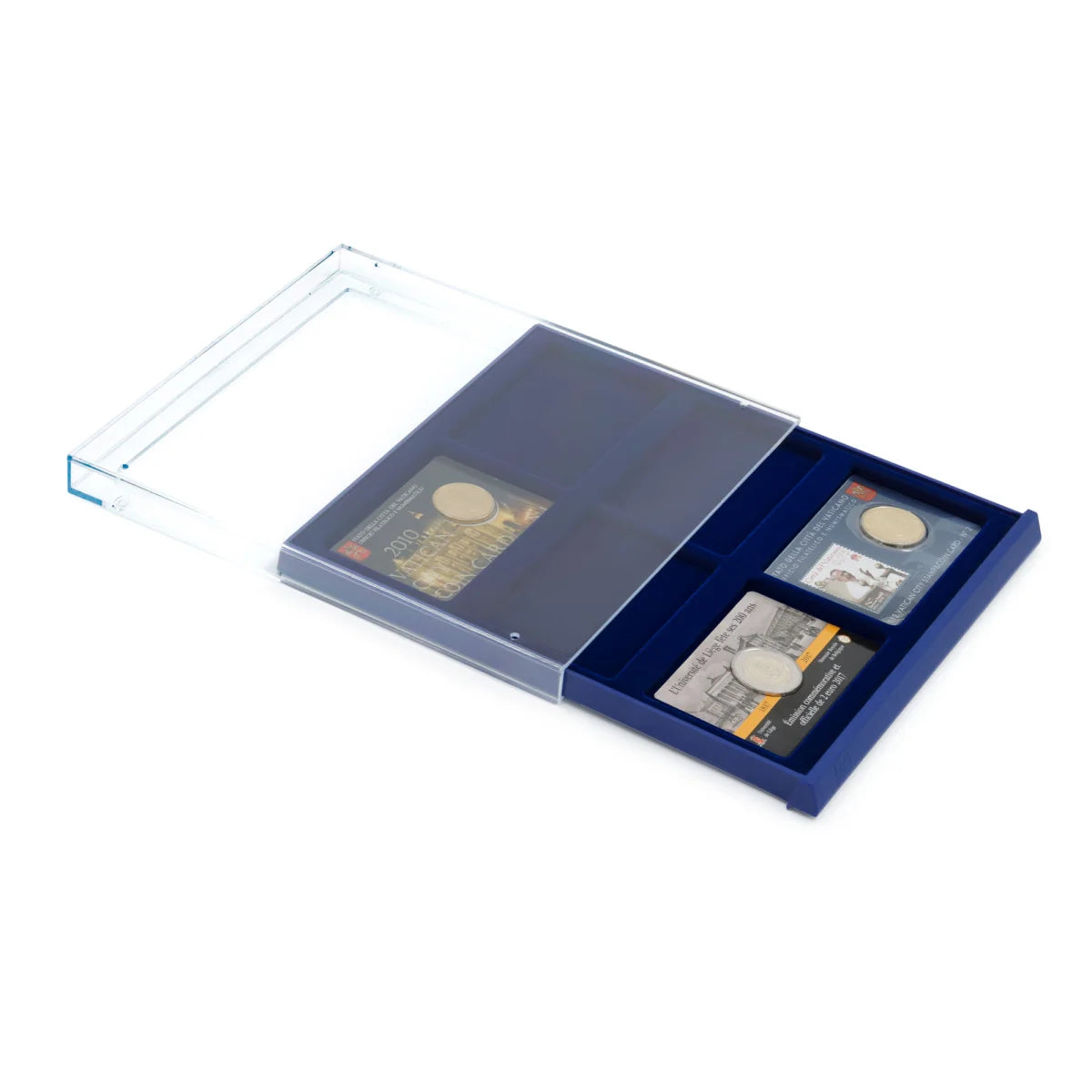 Open acrylic stackable drawer unit with a blue velvet tray and rectangular compartments holding coin cards on a white background