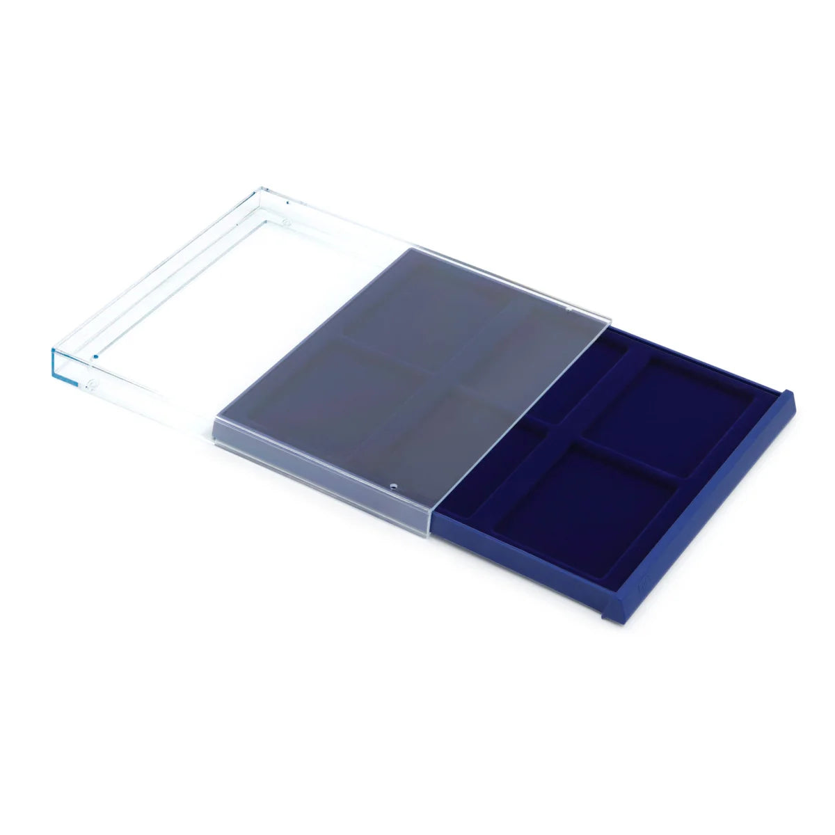 Open acrylic stackable drawer unit with a blue velvet tray and rectangular compartments for coin cards on a white background