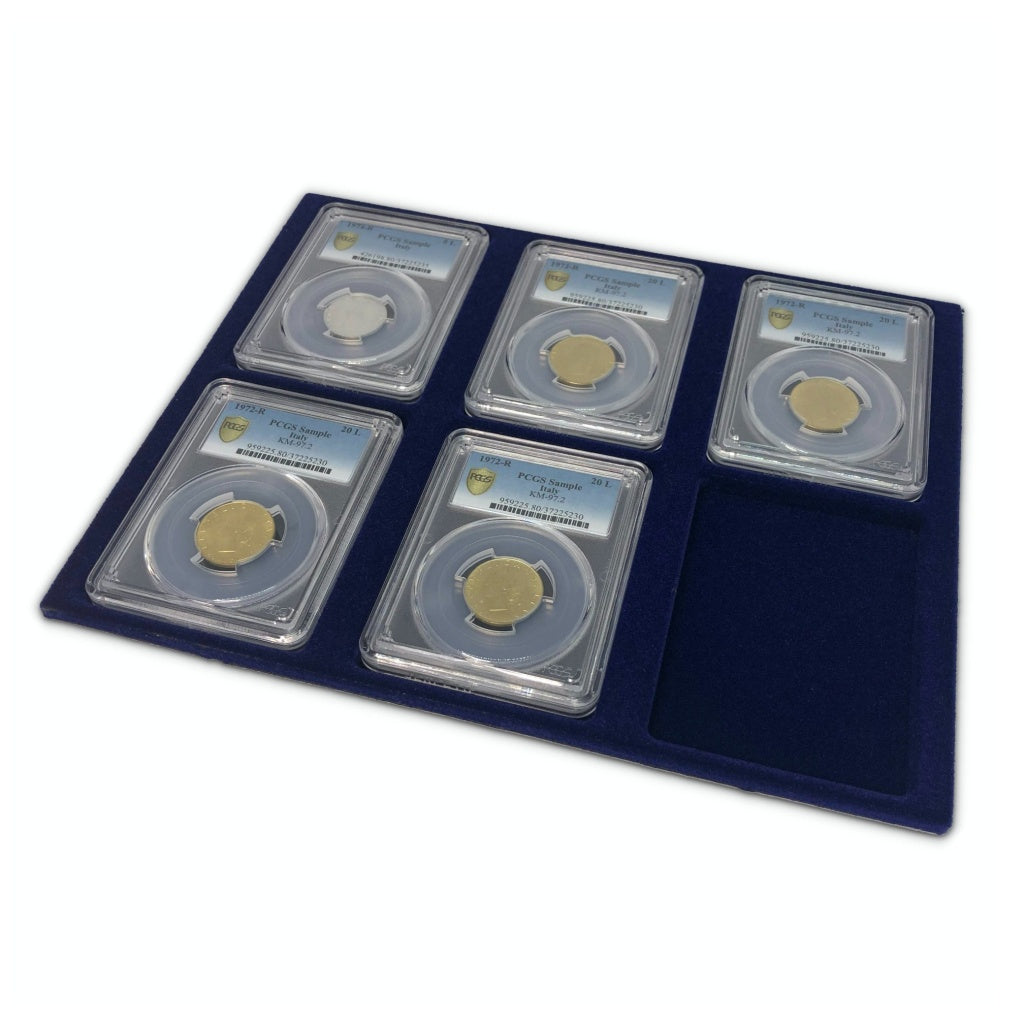 Blue velvet coin collection tray with 6 compartments that are holding graded coin slabs on a white background