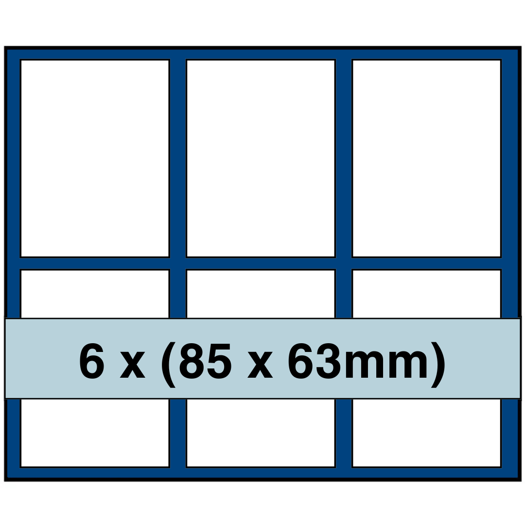 Grid illustration of Nova coin tray with white rectangles representing the compartments and written dimensions 6 x (85 x 63mm) on a white background