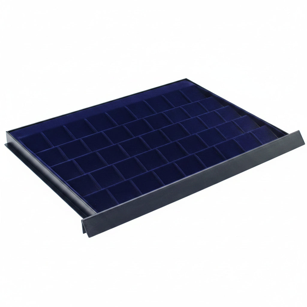 Coin display drawer tray with blue velvet interior, and multiple compartments on a white background.