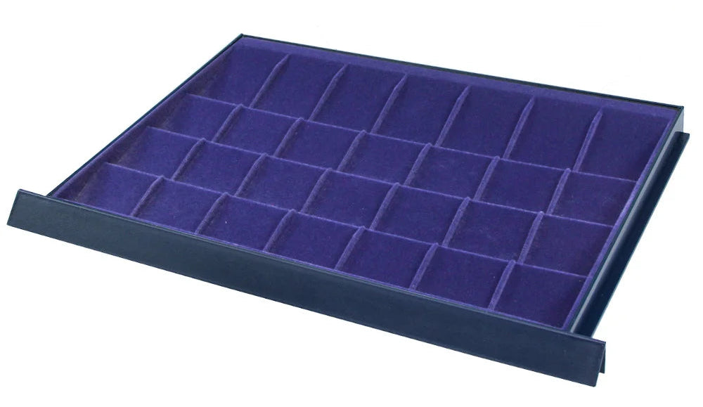 Coin display drawer tray with blue velvet interior, and multiple compartments on a white background.