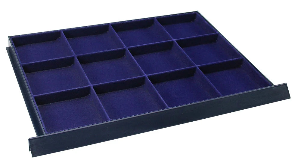 Blue coin drawer tray with 9 compartments on a white background