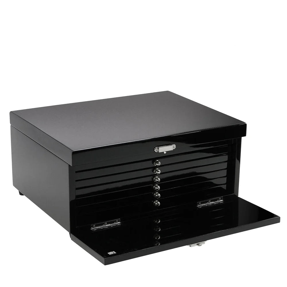 Black coin collection case with drawers on a white background