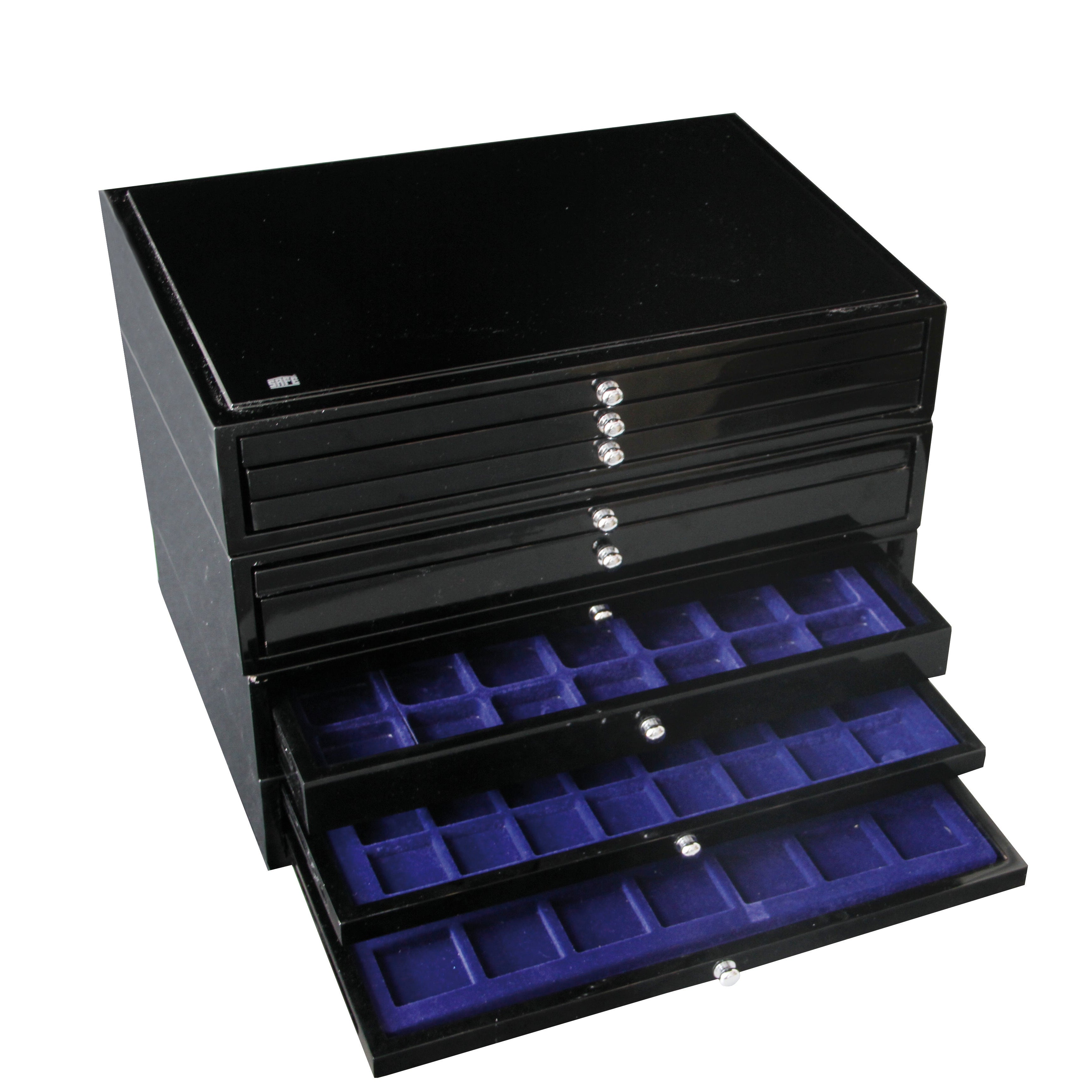 Black coin box with drawers that have blue interior compartments on a white background