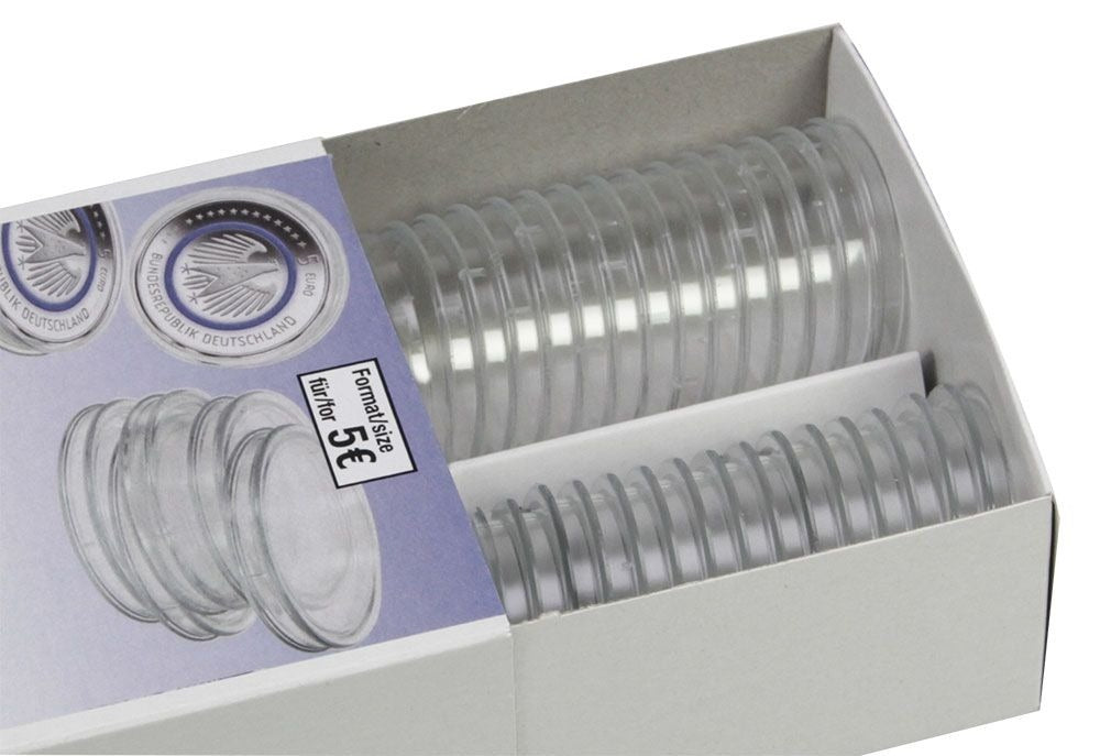 Open box of SAFE coin capsules with an image of clear capsules on a white background