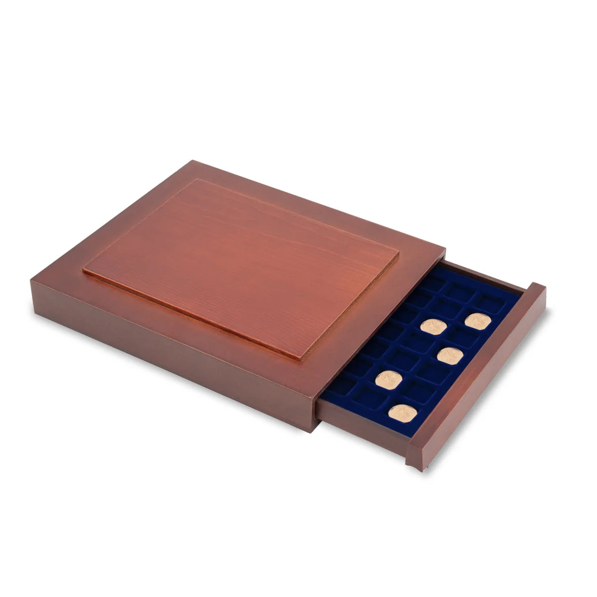 Open wooden stackable drawer unit from with a blue velvet tray with square compartments for coins on a white background