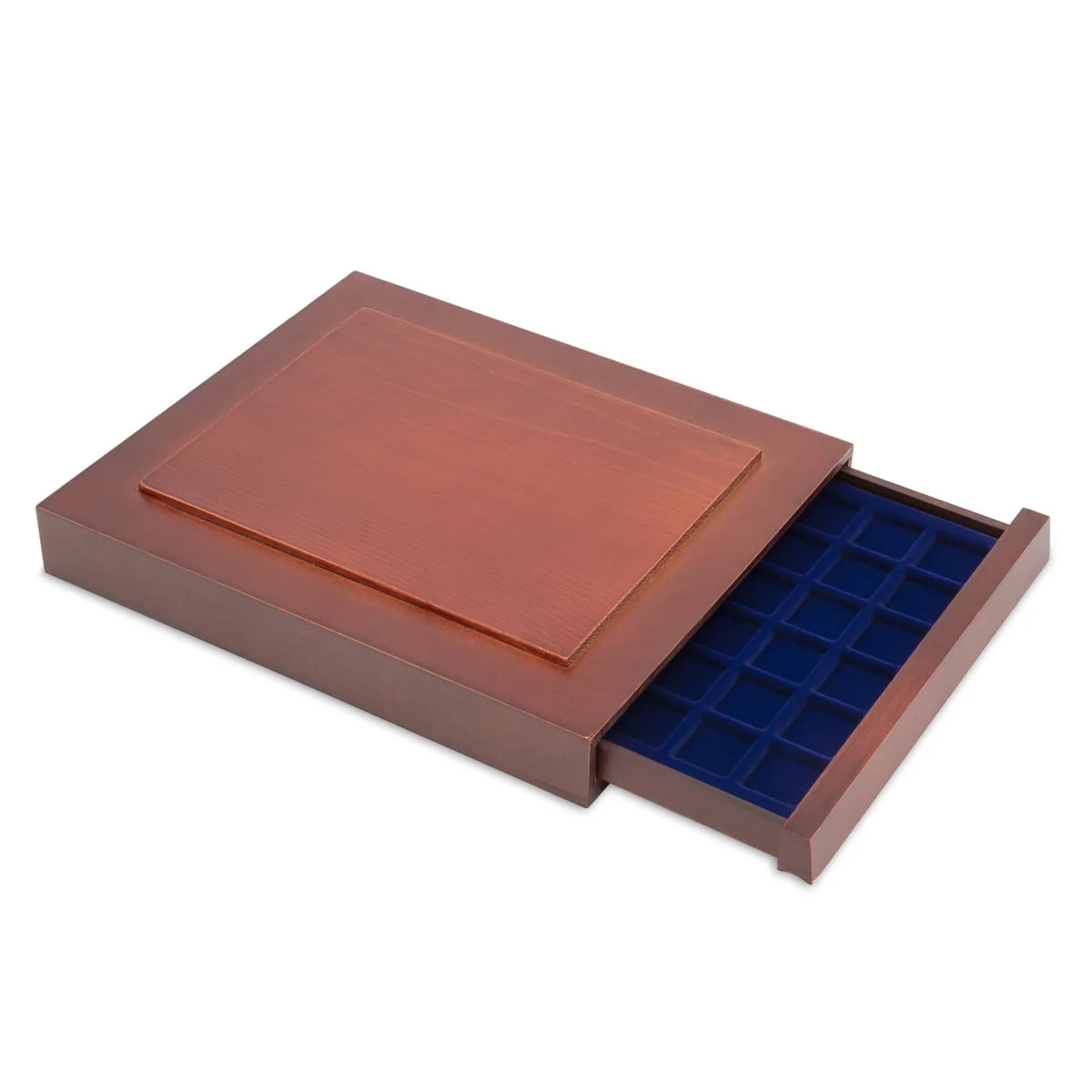 Open wooden stackable drawer unit from with a blue velvet tray with square compartments for coins on a white background