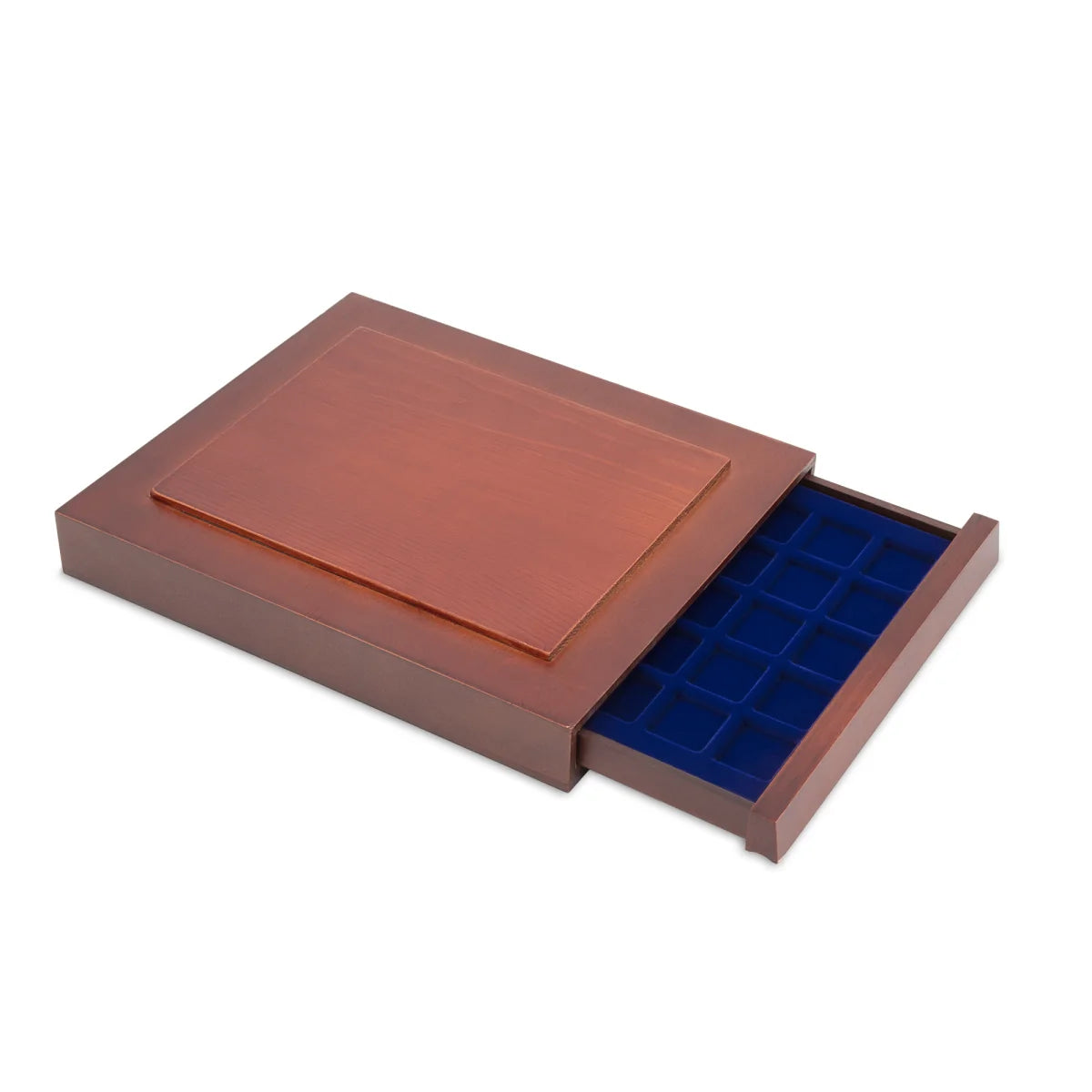 Open wooden stackable drawer unit from with a blue velvet tray with square compartments for coins on a white background