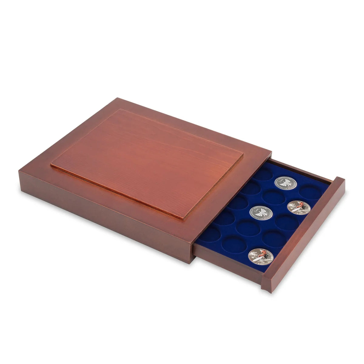 Open wooden stackable drawer unit with a blue velvet tray with circular compartments for coins on a white background