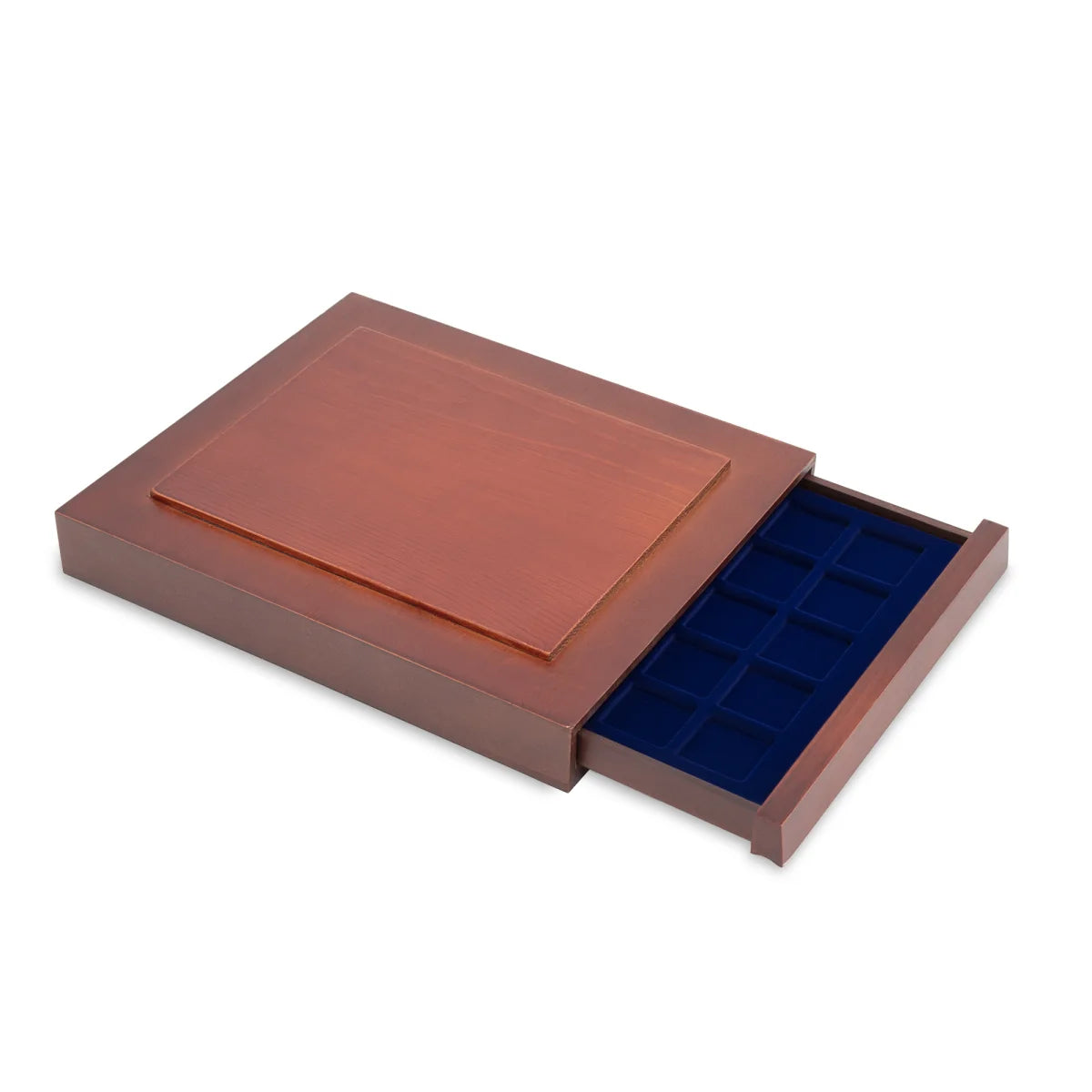 Open wooden stackable drawer unit from with a blue velvet tray with square compartments for coins on a white background