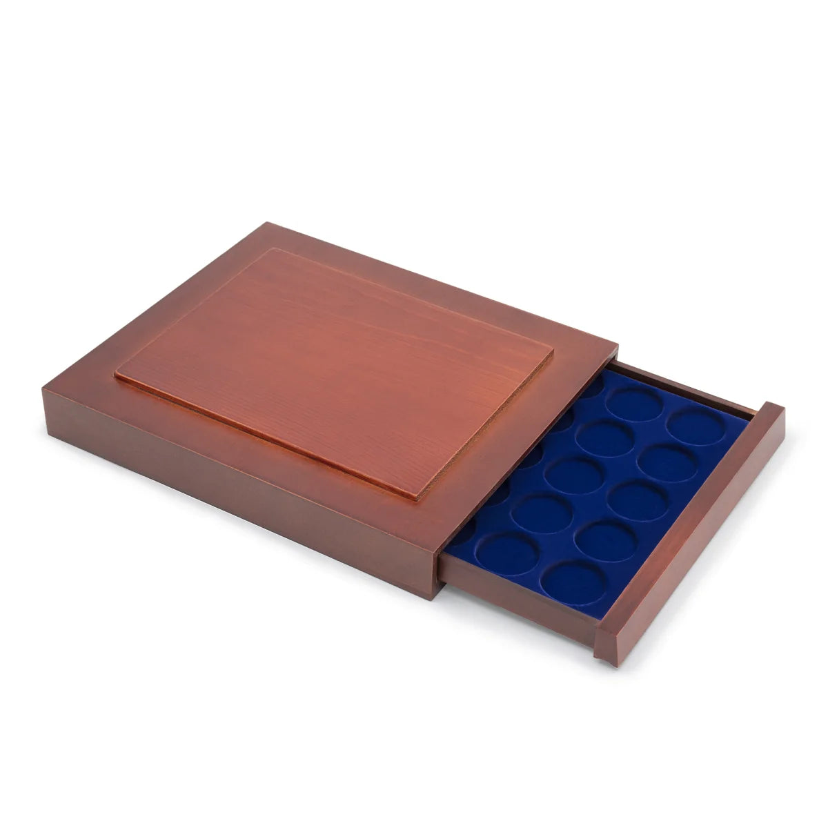 Open wooden stackable drawer unit with a blue velvet tray with circular compartments for coins on a white background