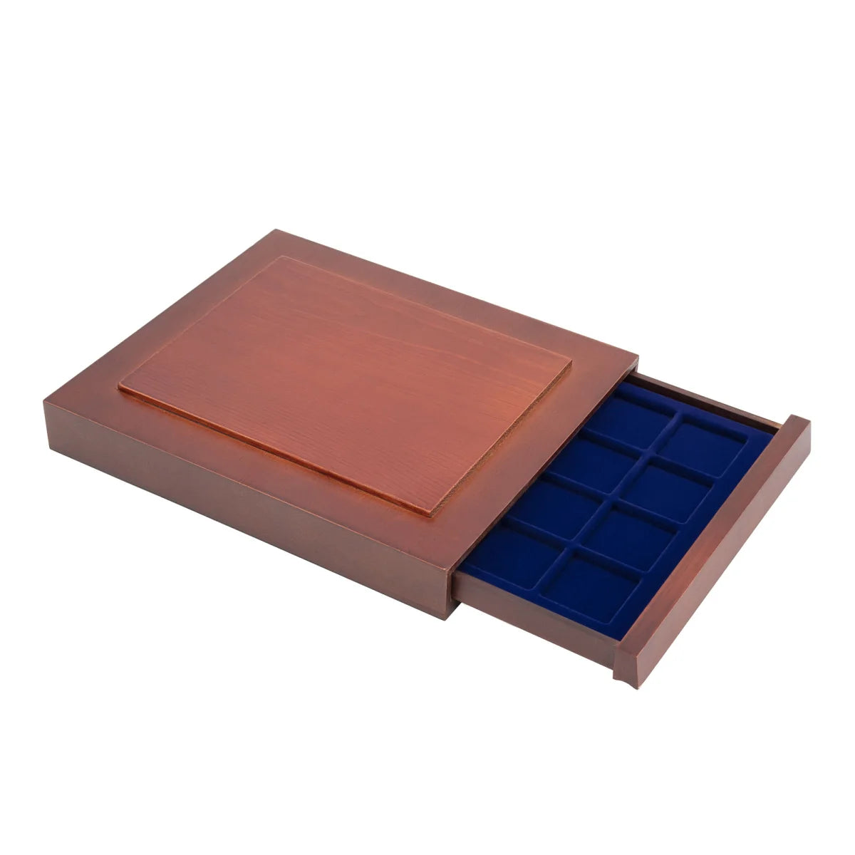 Open wooden stackable drawer unit with a blue velvet tray with square compartments for coins on a white background