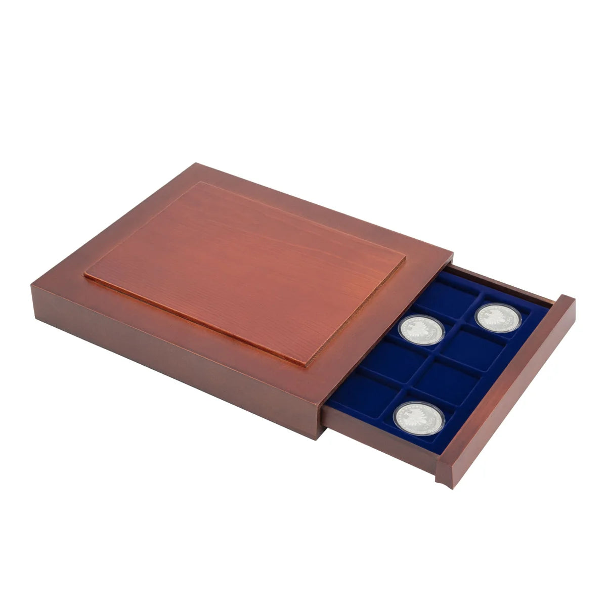 Open wooden stackable drawer unit with a blue velvet tray with square compartments for coins on a white background