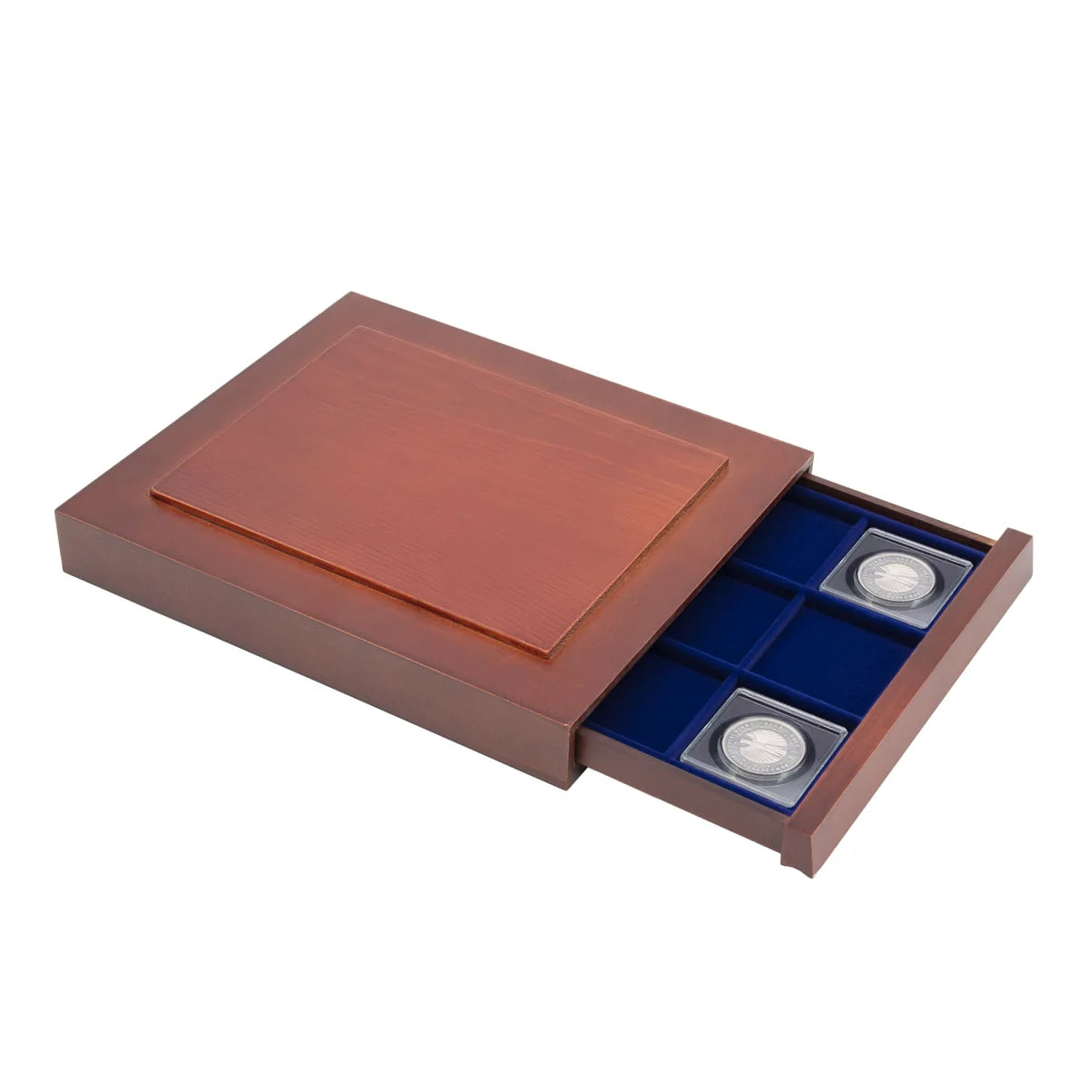 Open wooden stackable drawer unit with a blue velvet tray with coin plastic 2x2 coin flips on a white background