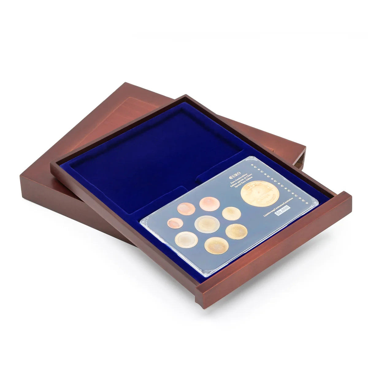 Wooden drawer removed from the stackable drawer unit with a blue velvet tray for coin proof sets on a white background