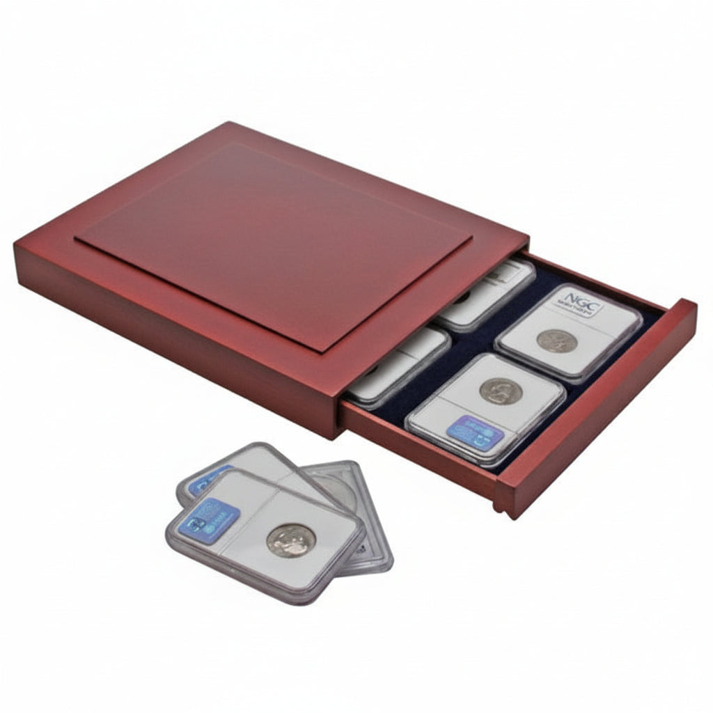 Open wooden stackable drawer unit with a blue velvet tray for graded coin slabs on a white background