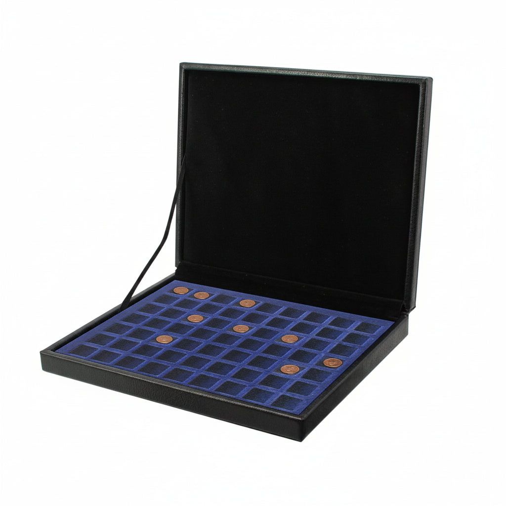 A collection of pennies in a blue velvet tray in an open black leather coin presentation case, on a white background.