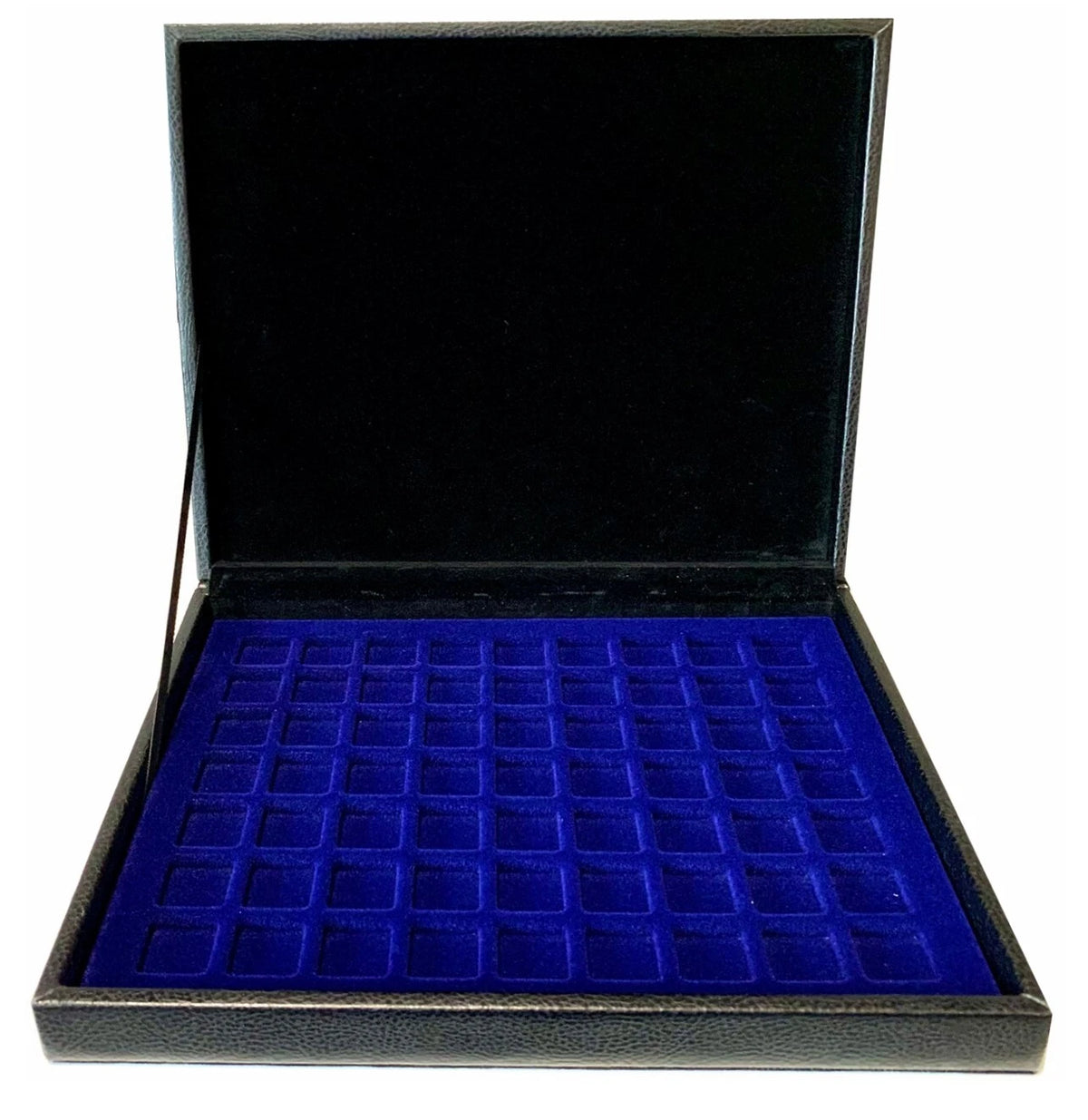 An open black leather coin box with a deep blue velvet interior with compartments for 80 small coins, shown against a plain white background.