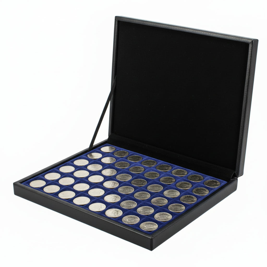 A collection of U.S. quarters in a blue velvet tray in an open black leather coin presentation case, on a white background.