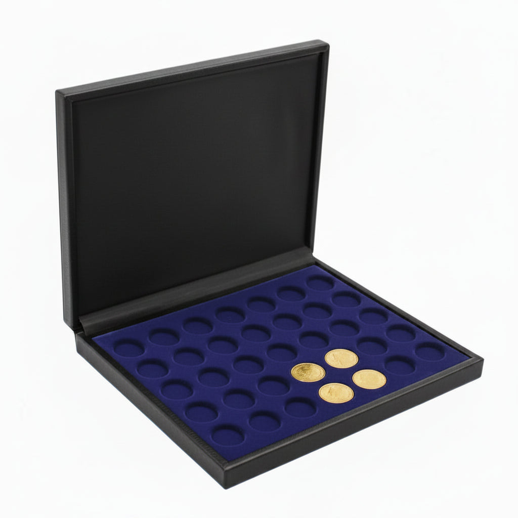 A blue velvet tray with gold coins in an open black leather coin presentation case, on a white background.