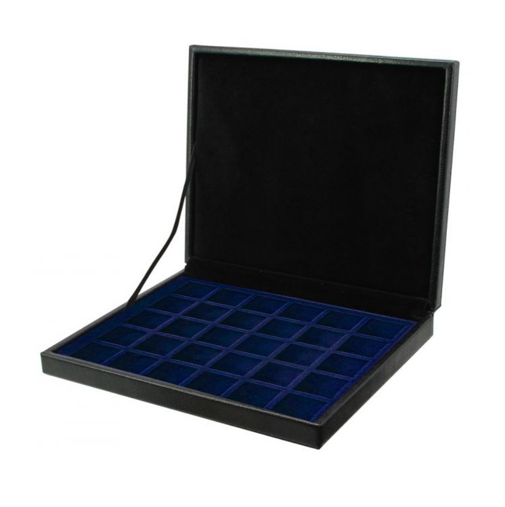 A blue velvet tray in an open black leather coin presentation case, on a white background.
