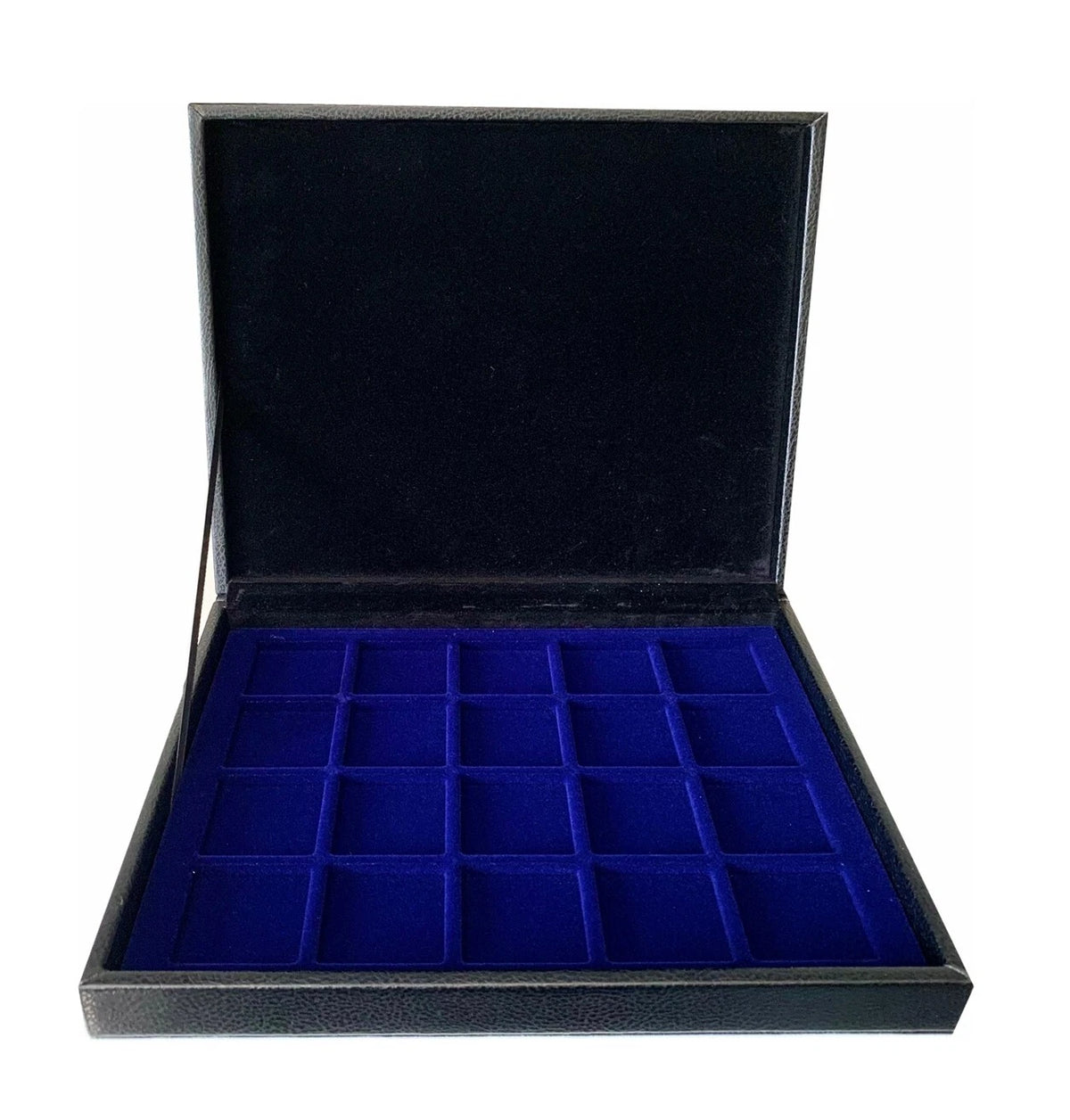 An open black leather coin box with a deep blue velvet interior with compartments for 20 coins shown against a plain white background.