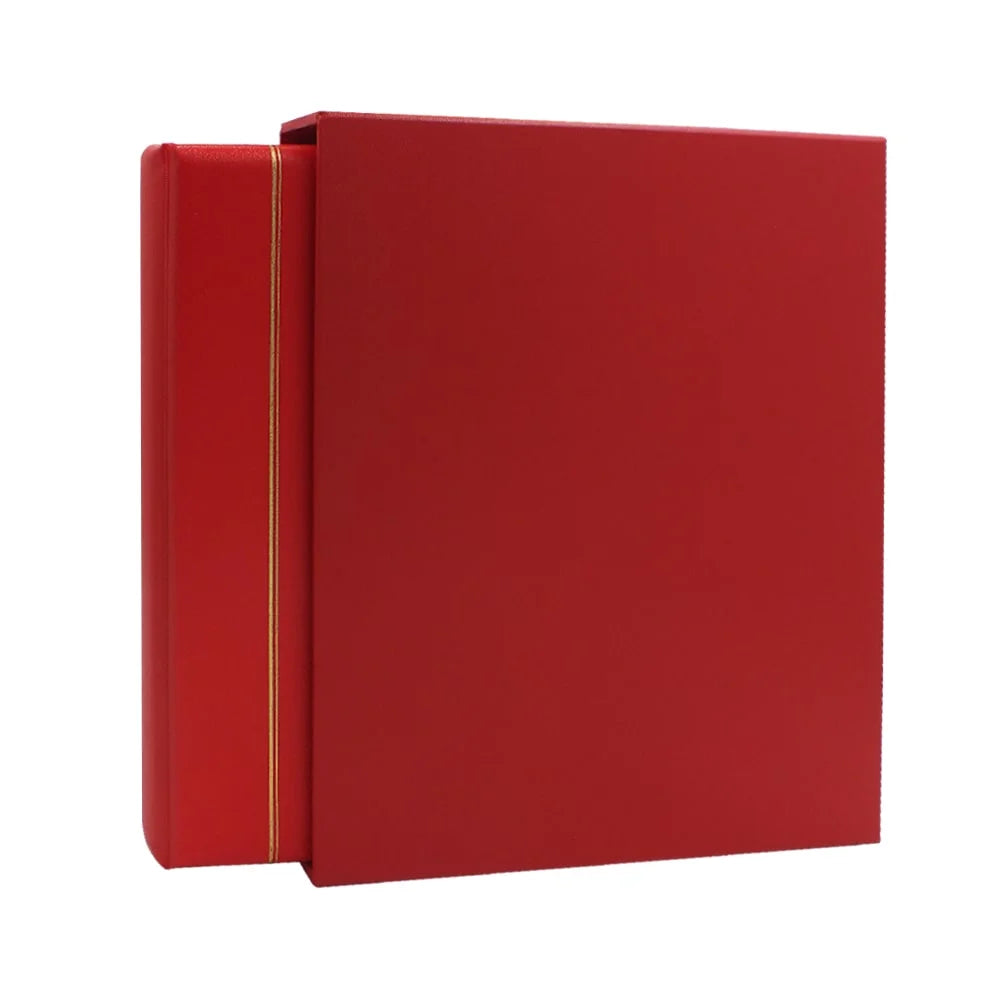 Flag red Morocco album with a gold embossed line, inserted into the flag red Morocco slipcase on a white background