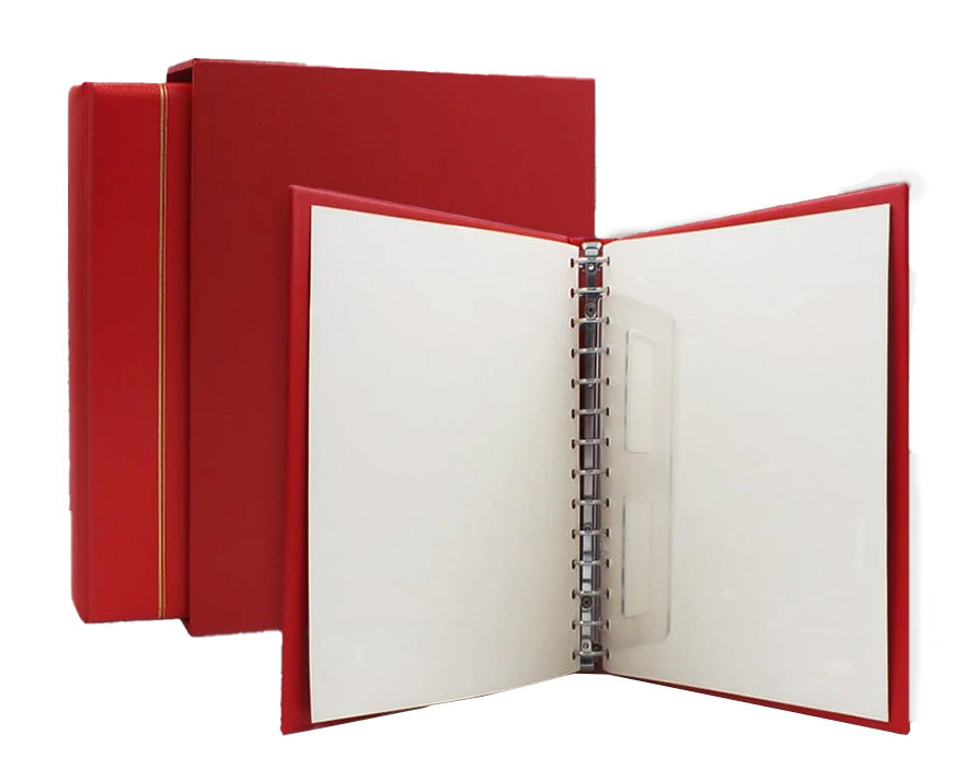 Flag Red Morocco album with a gold embossed line, inserted into the Flag Red Morocco slipcase with an open Flag Red album revealing the 14-ring mechanism and sheet lifter. All on a white background.