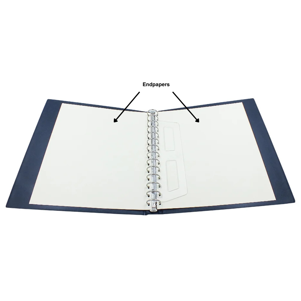 Open blue collector album showing a 14-ring mechanism with arrows labeling the end papers on a white background