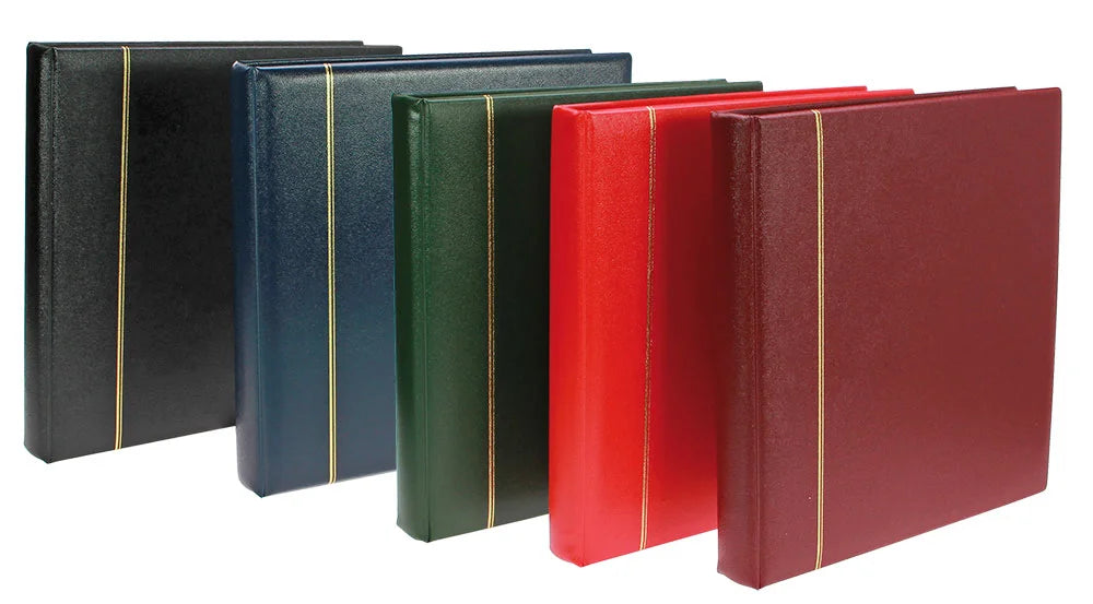Set of five classic morocco albums with gold embossing in black, blue, green, red, and burgundy on a white background.