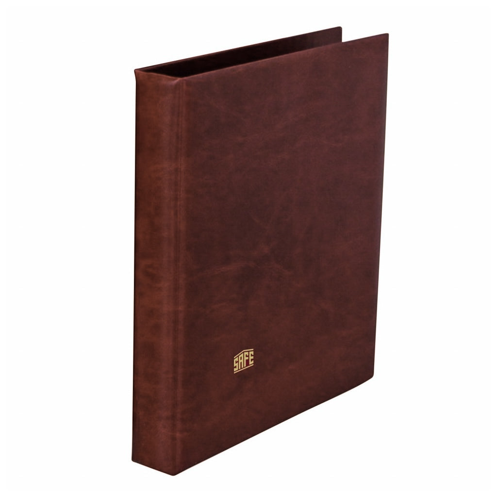Brown collector album with a gold safe logo on a white background