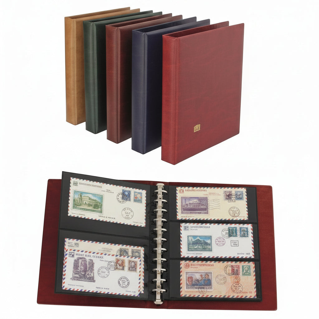 Red, blue, brown, green & tan albums with a focus on an open binder displaying 5 collectible envelopes / covers on a white background.